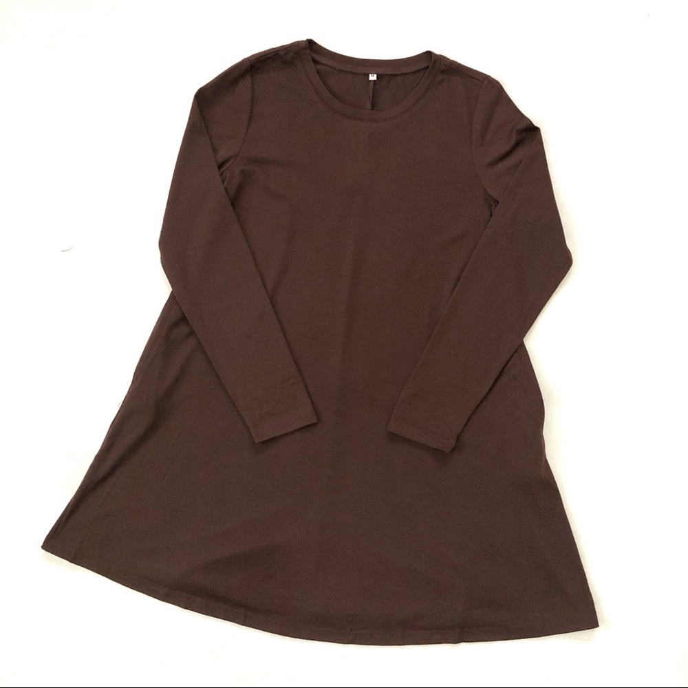 Brown Long Sleeve  A-Line Tunic Dress - Picture 3 of 8